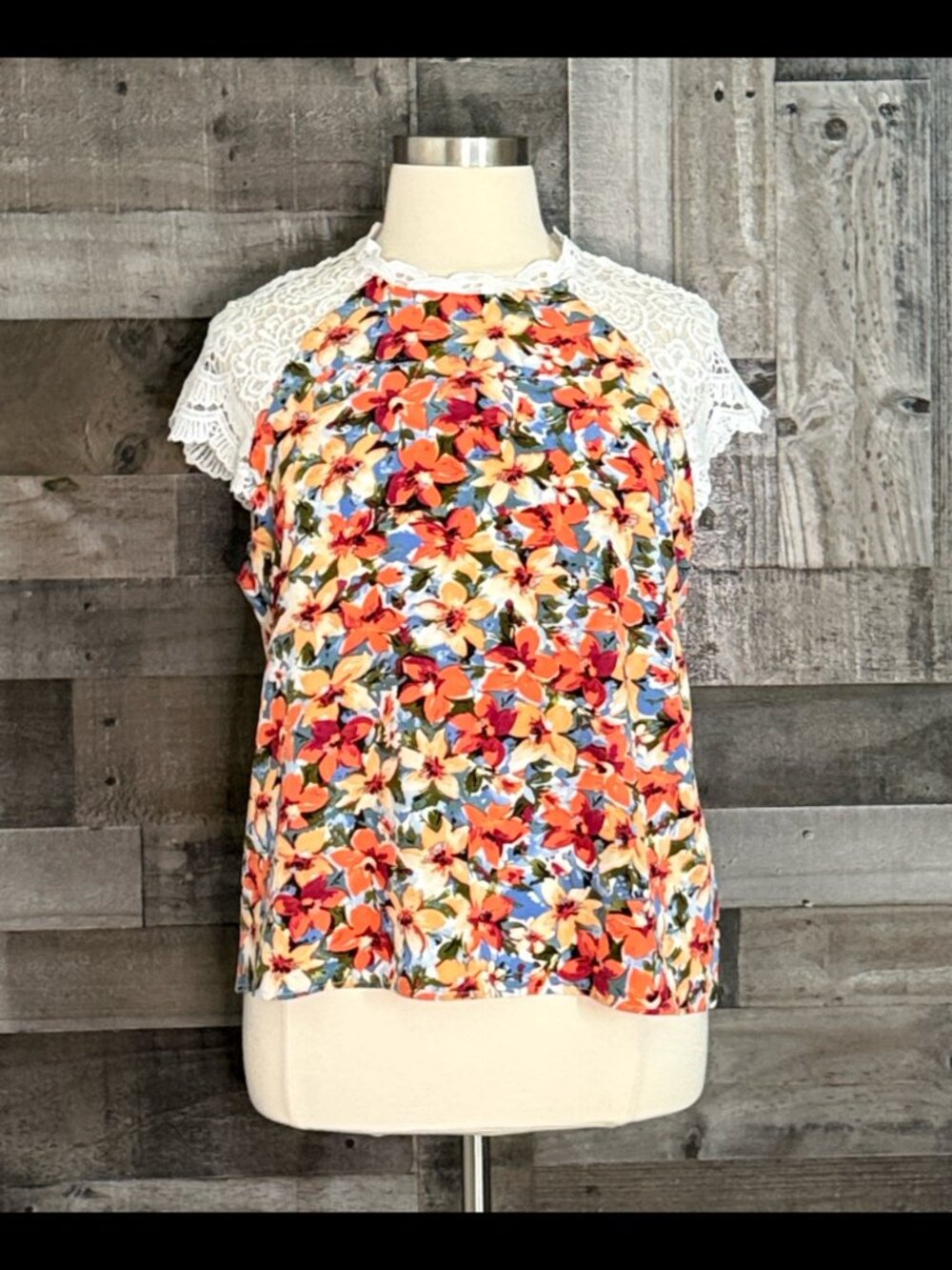 Floral top XLarge crochet lace sleeves hyper feminine garden party bohemian
